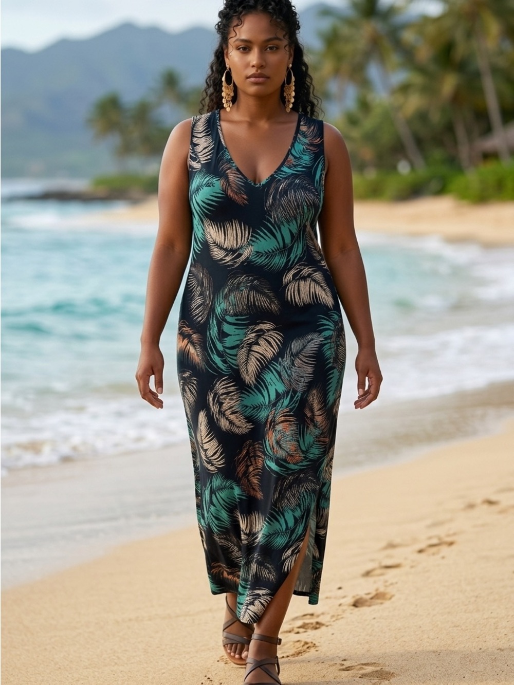 SJS V-Neck Maxi Dress in Black, Teal and Tan Leaf Print